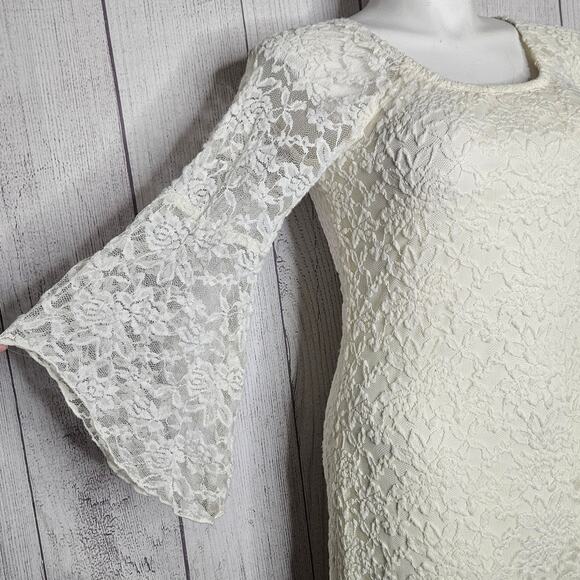 VTG 90s Jody California Cream Lace Bell Sleeve Boho Hippie Midi Dress, sz XL - Picture 2 of 5